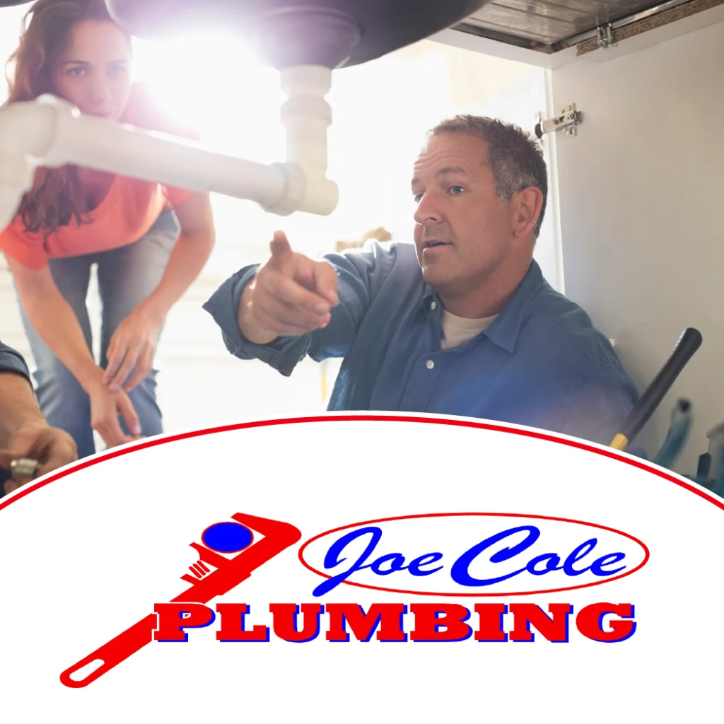friendly plumber pointing to pipes under sink while talking to homeowner