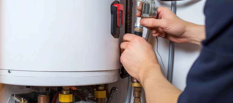 Close-up of a technician working on a white water heater system with various tools