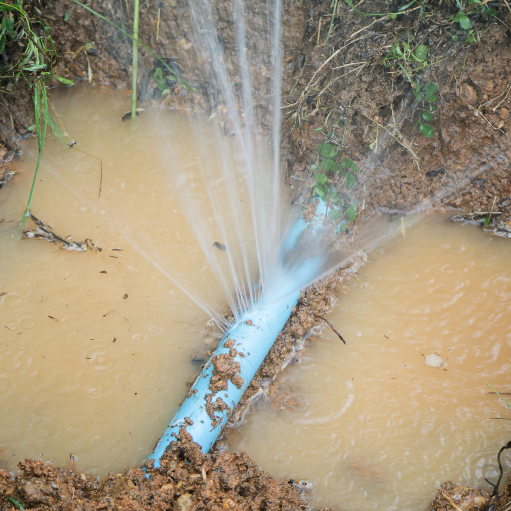 burst pipe with water spewing out of it in the dirt