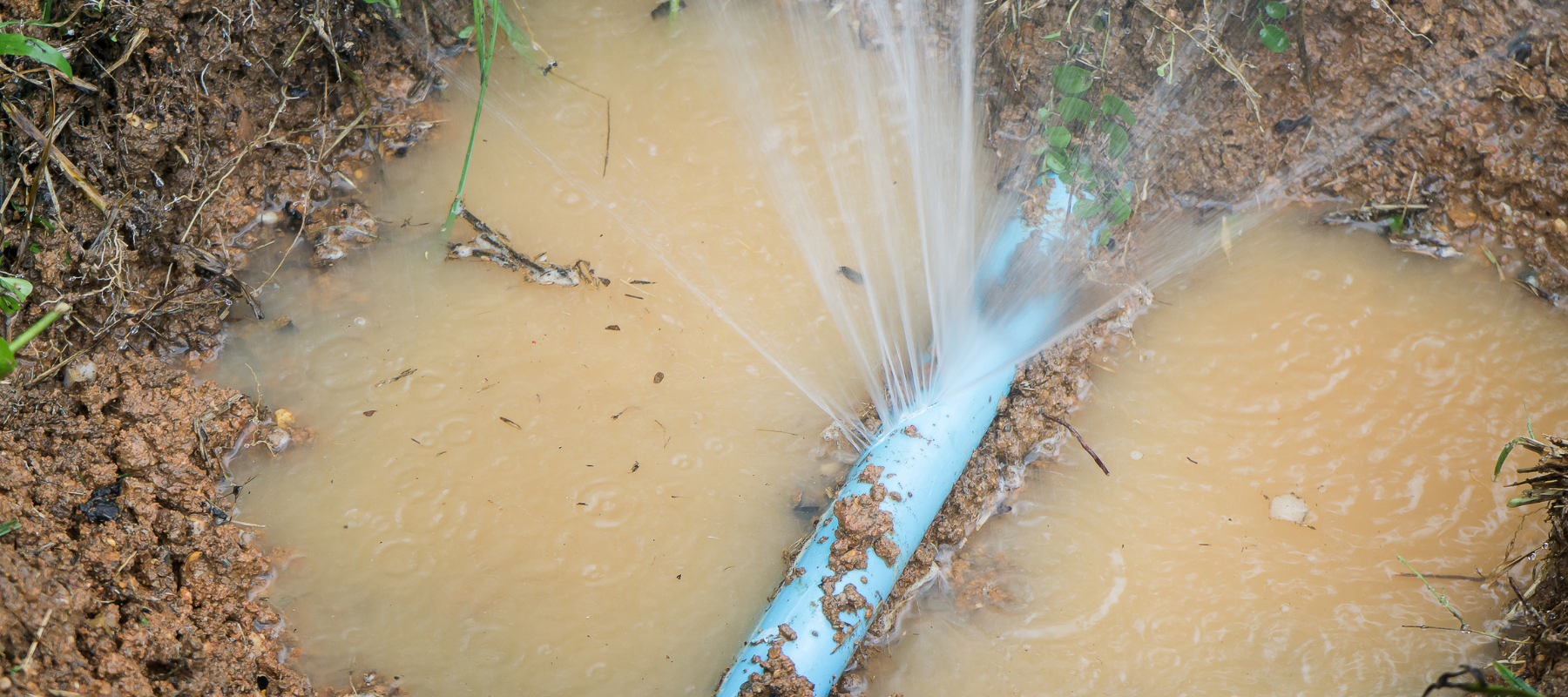 burst pipe with water spewing out of it in the dirt