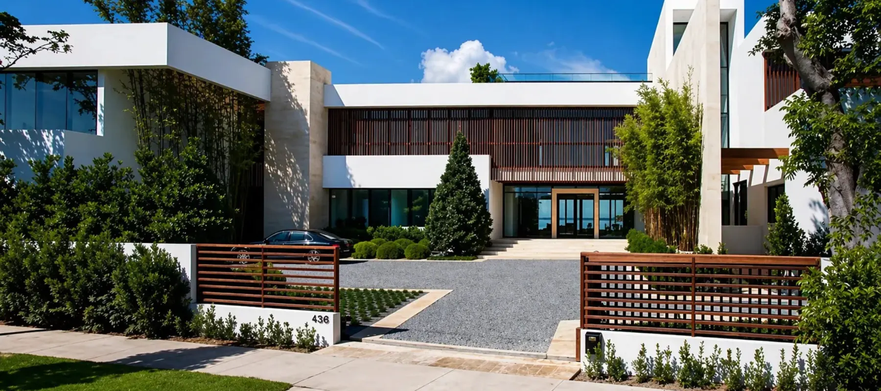 Modern residential home exterior with driveway and landscaped entrance
