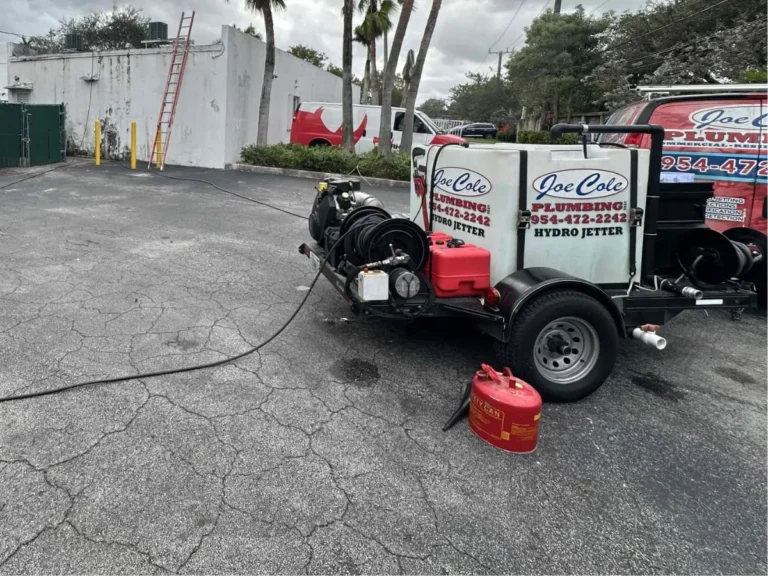 Hydro jetting service truck and drain cleaning equipment at residential property