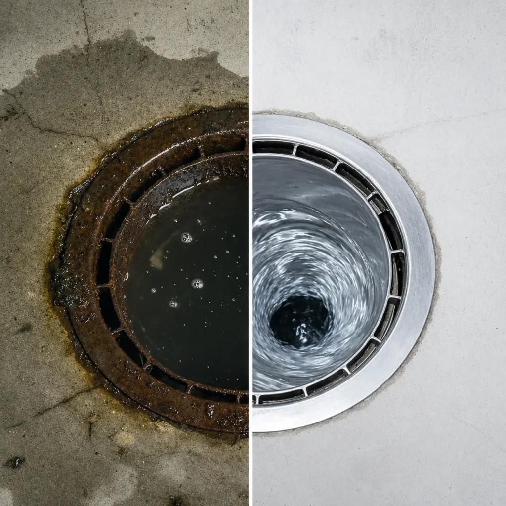 Before and after professional drain cleaning service