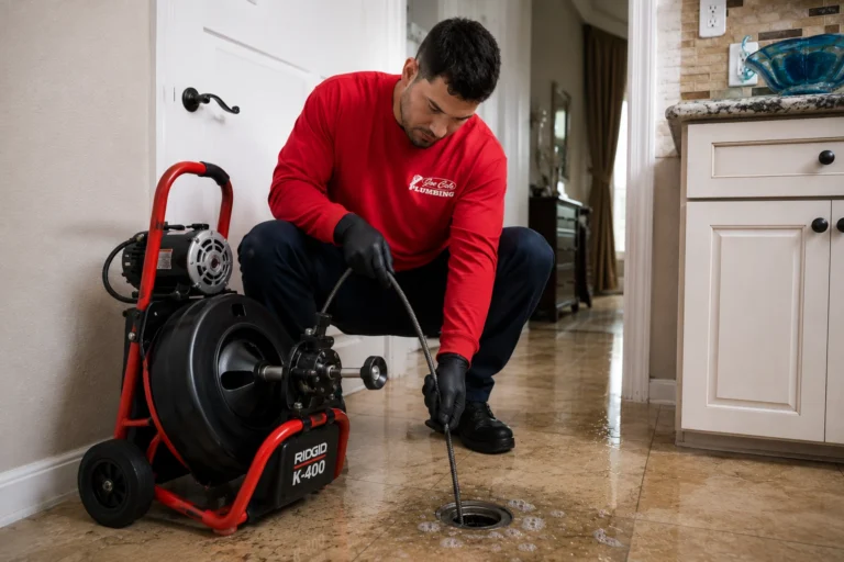 Emergency drain cleaning service clearing a backed-up floor drain