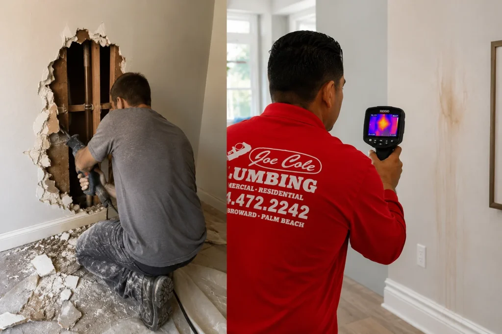 Comparison of traditional wall demolition for leak repair versus advanced leak detection using thermal imaging technology by Joe Cole Plumbing.