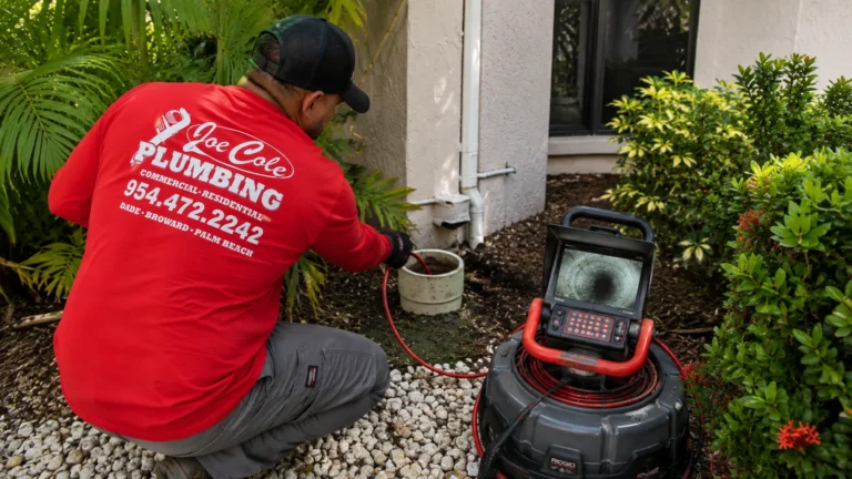 Joe Cole Plumbing technician identifying sewer line issues during a sewer camera inspection