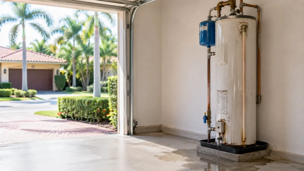 Aging residential water heater showing signs of wear and minor leaking in a South Florida garage