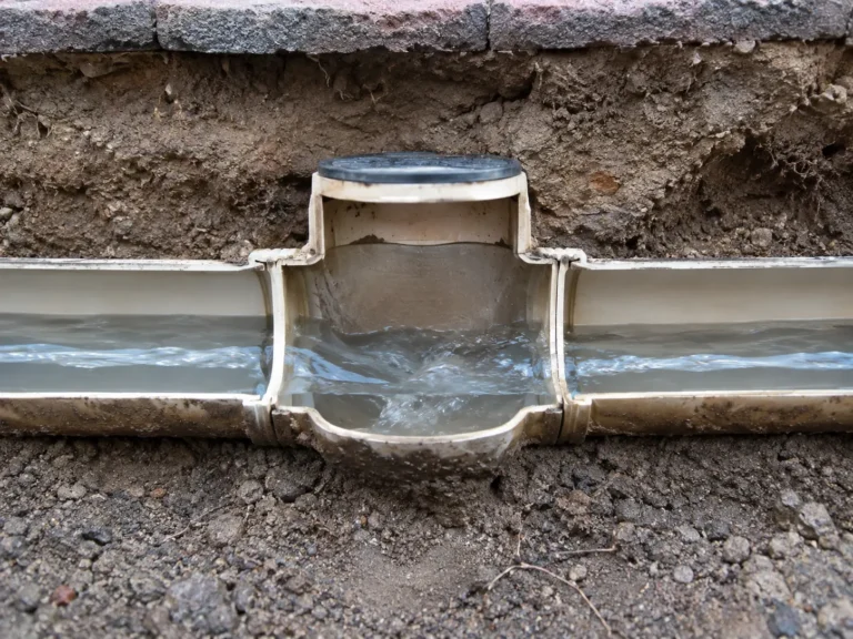 Clean residential drain pipe with water flowing freely after drain cleaning service