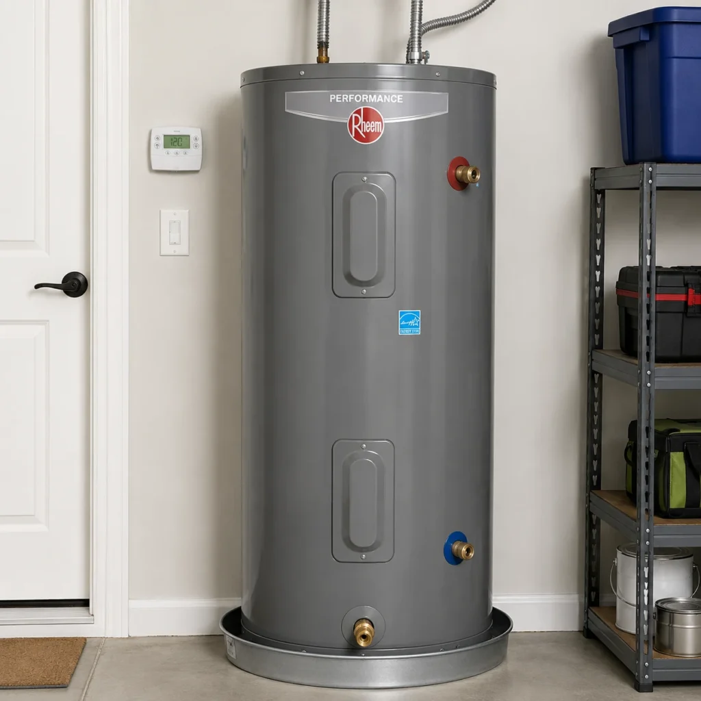 Rheem electric water heater installed in a South Florida residential garage by Joe Cole Plumbing.