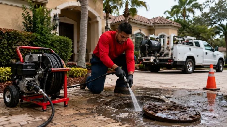 Emergency hydro jetting service being performed at a residential property