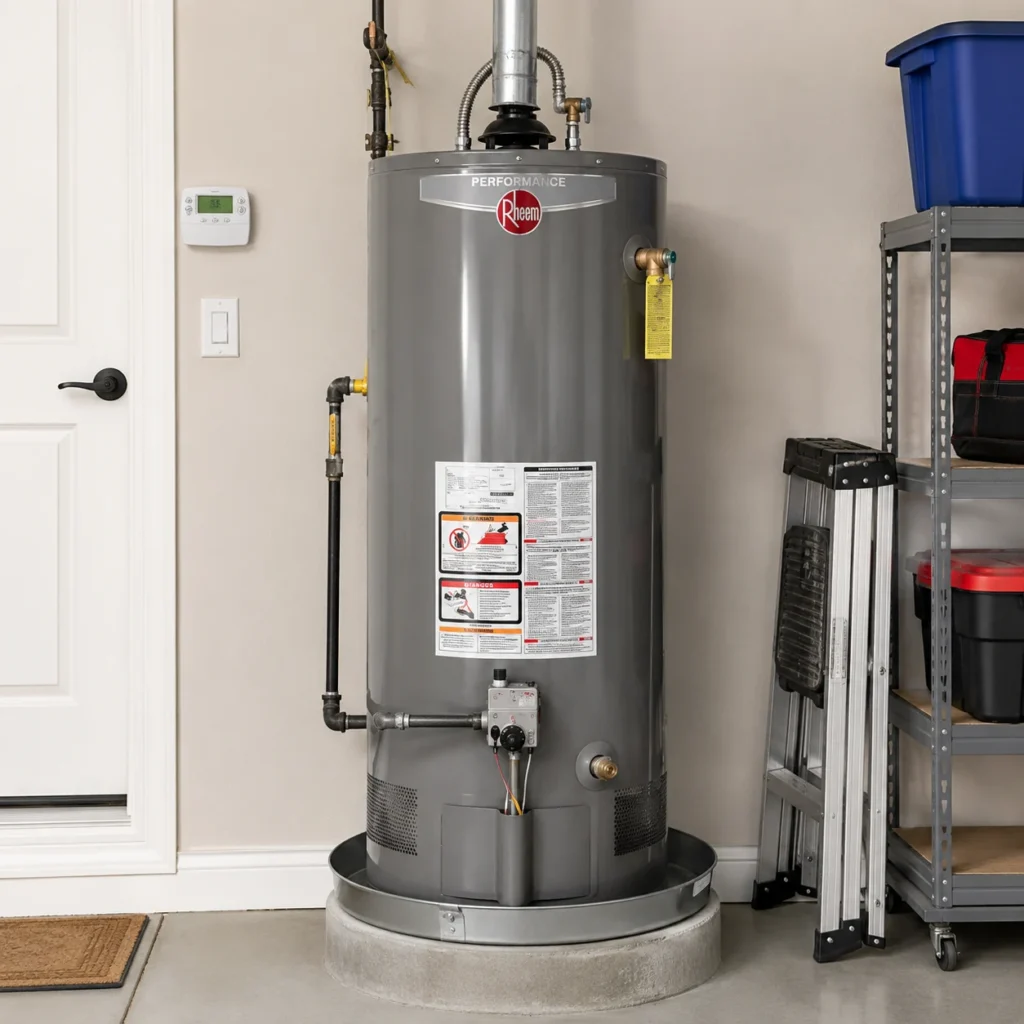 Rheem gas water heater installed in a South Florida residential garage by Joe Cole Plumbing.