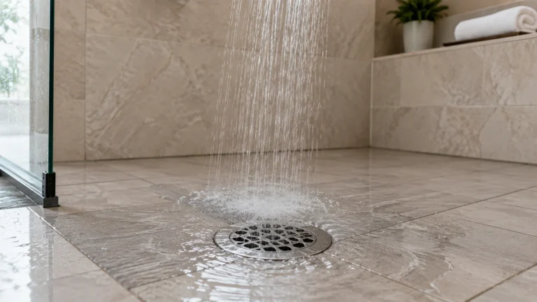 Bathroom shower drain with water flowing after hydro jetting service