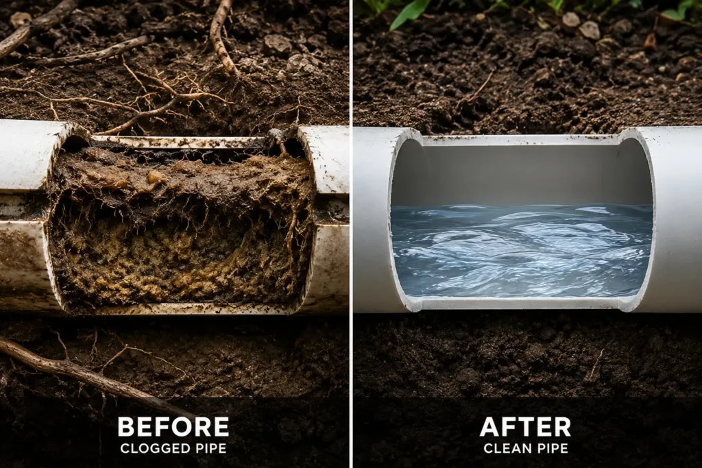 Before and after hydro jetting showing clogged drain pipe compared to a fully cleaned pipe