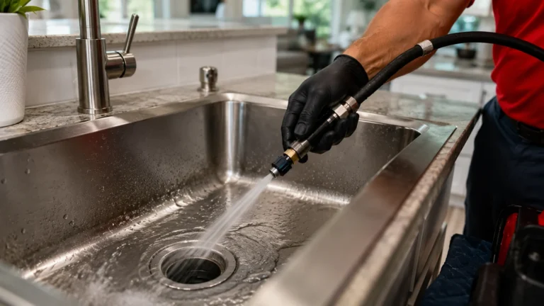 Hydro jetting service clearing buildup from a residential kitchen drain
