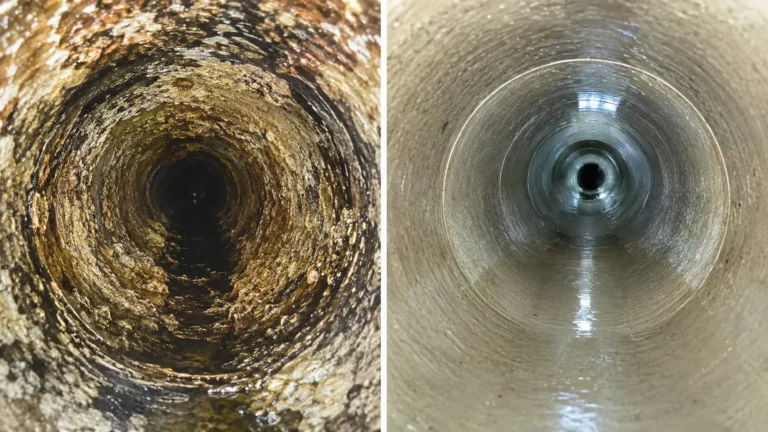 Before and after hydro jetting comparison showing a cleaned sewer pipe interior