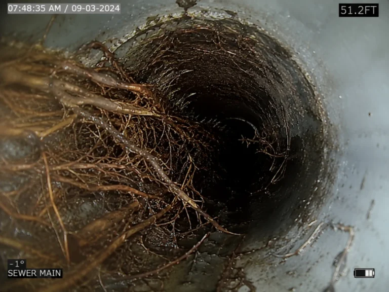 Tree root intrusion inside a sewer pipe identified during a sewer camera inspection