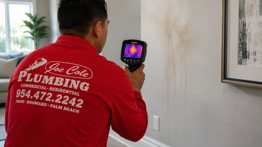 Joe Cole Plumbing technician using thermal imaging equipment to detect a hidden water leak behind an interior wall
