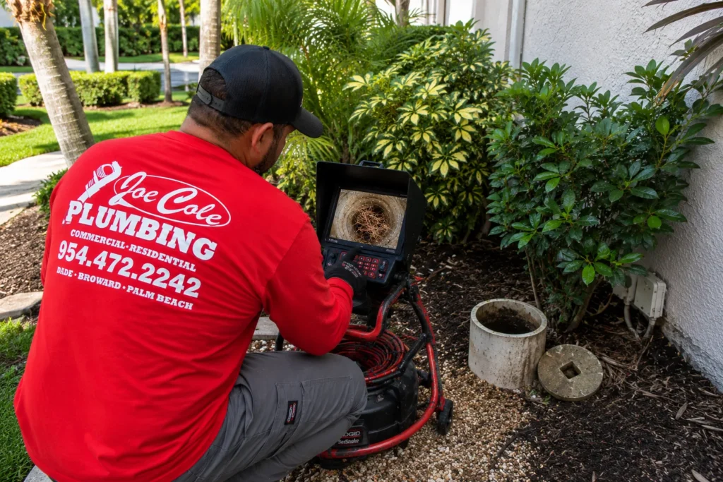 Joe Cole Plumbing technician reviewing sewer camera inspection footage to identify root intrusion, pipe damage, and sewer line blockages in South Florida