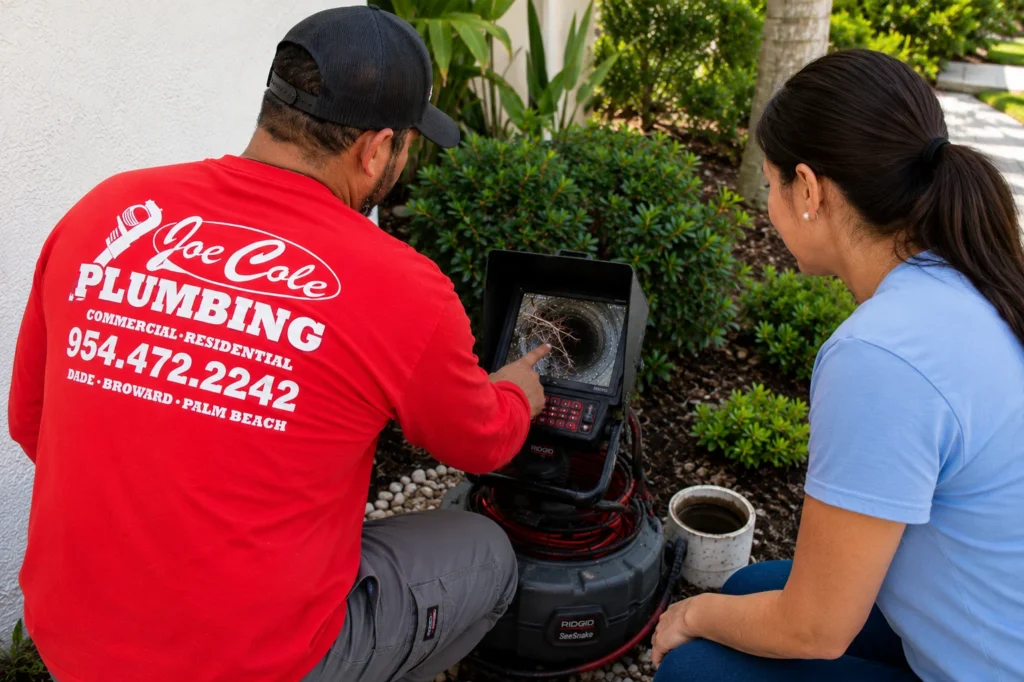 Joe Cole Plumbing technician showing sewer camera inspection results to homeowner in South Florida