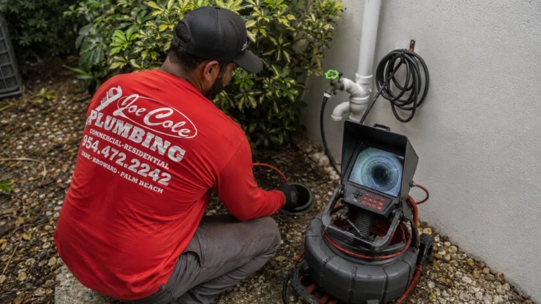 Joe Cole Plumbing technician using a sewer camera inspection system to diagnose sewer line problems