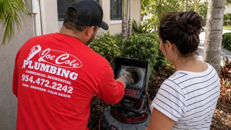 Joe Cole Plumbing technician reviewing sewer camera inspection results with a homeowner