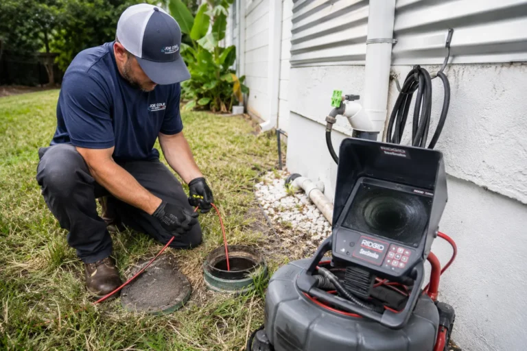 Joe Cole Plumbing technician performing a professional sewer line inspection using a sewer camera system