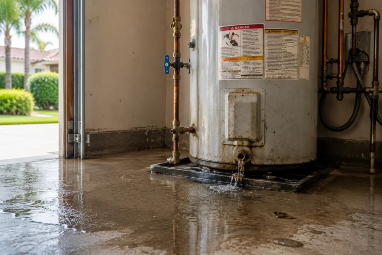 Leaking residential water heater causing water damage in a South Florida garage.