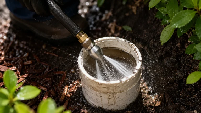 Main sewer line being cleaned using professional hydro jetting equipment