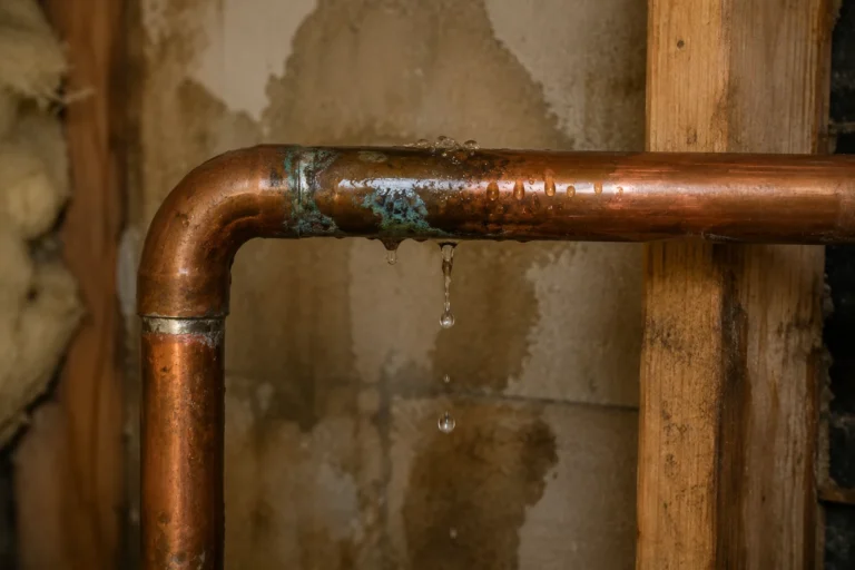 Leaking copper water pipe showing visible signs of corrosion and water loss.