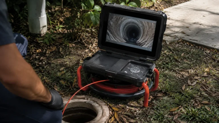 Sewer camera inspection monitor showing the inside of a residential sewer line