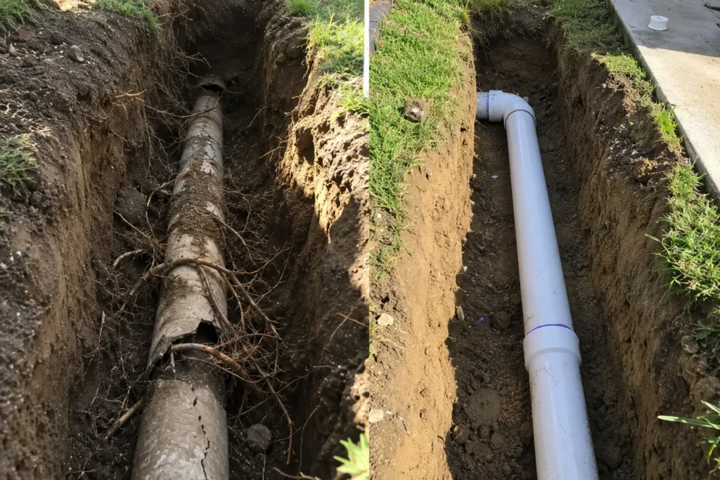 Comparison of damaged sewer pipe with root intrusion and newly installed sewer line replacement