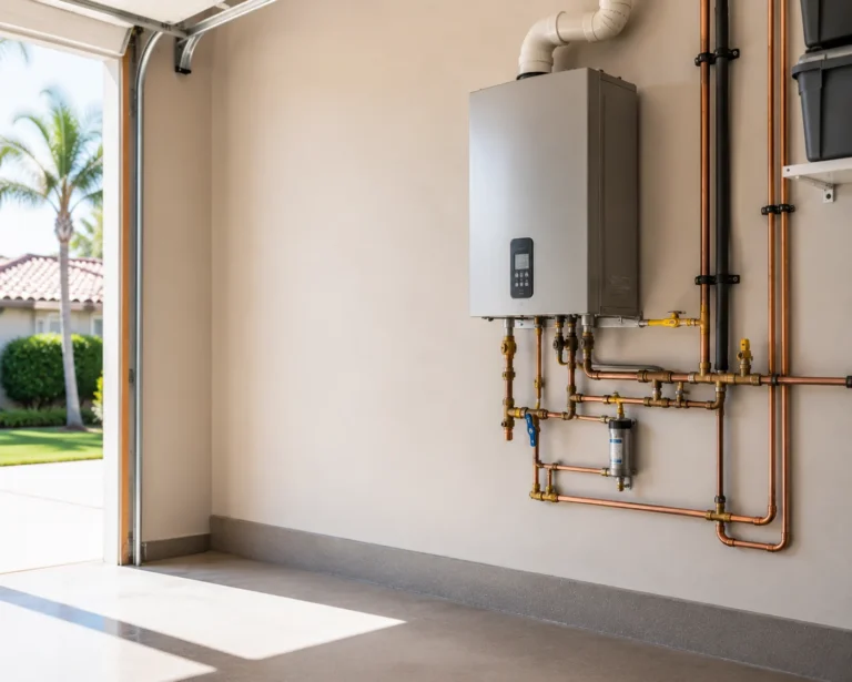 Modern tankless water heater professionally installed in a South Florida garage.