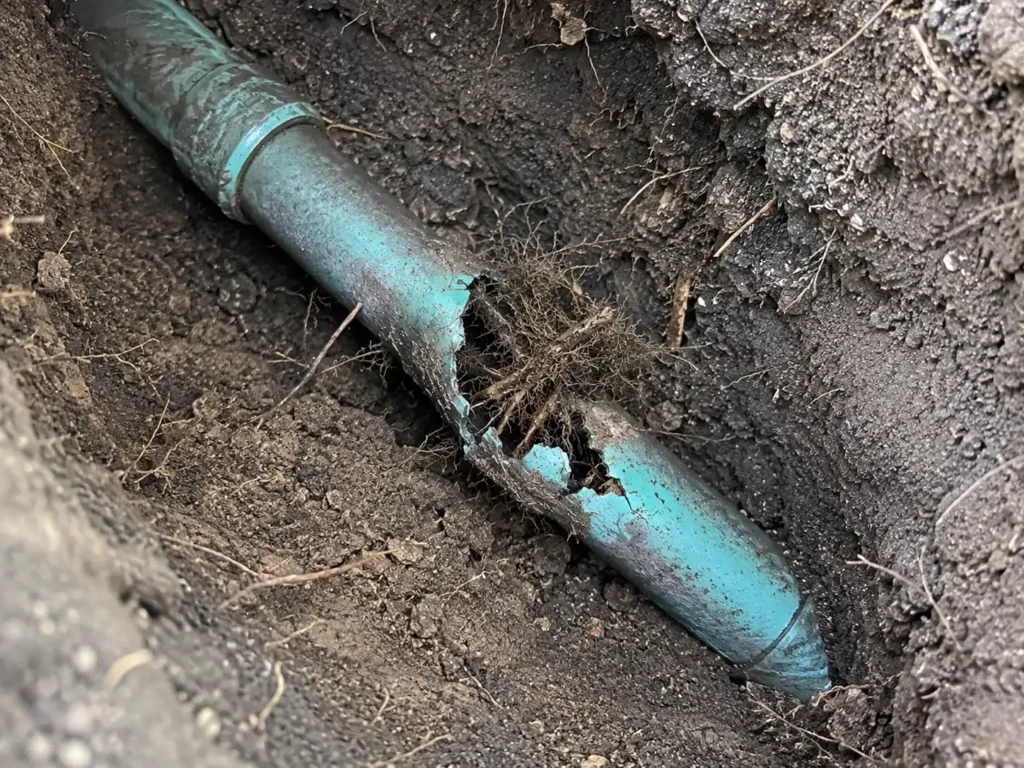 Tree root intrusion causing damage to an underground residential sewer pipe