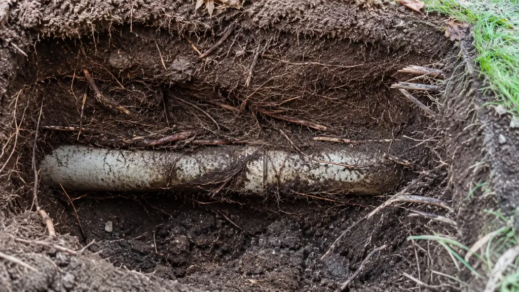 Tree roots growing around a residential sewer line causing blockage and drainage problems