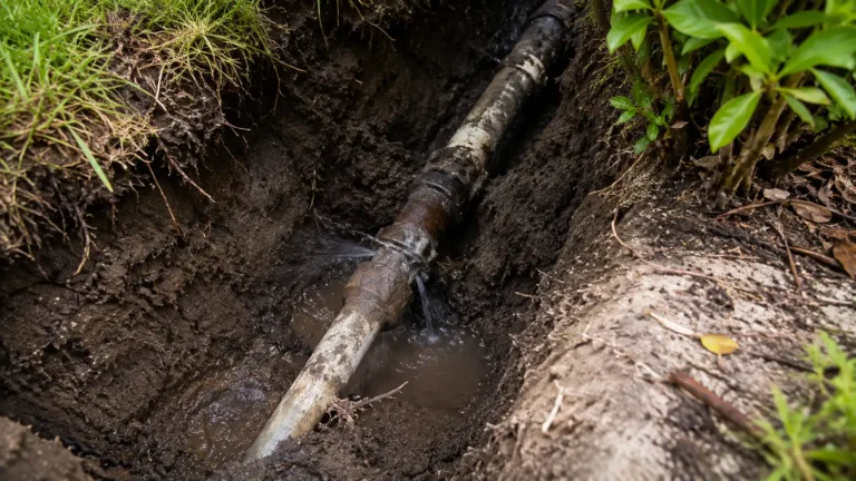 Underground water line leaking beneath soil during professional leak detection service.