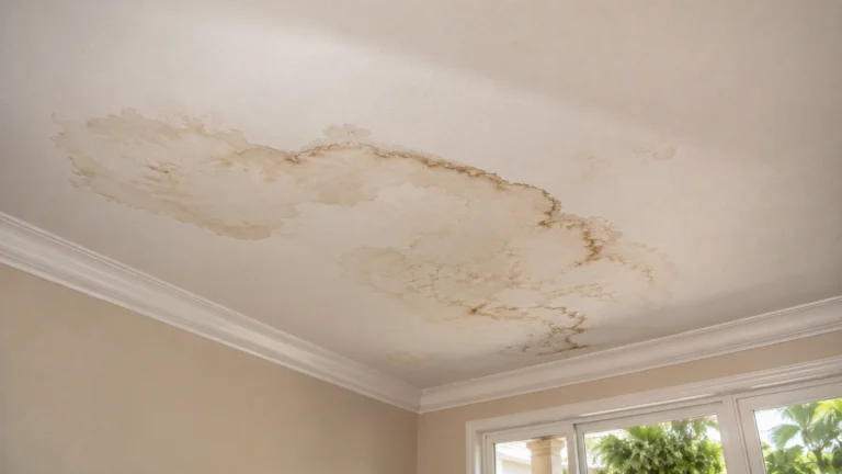 Water stain on a residential ceiling caused by a hidden plumbing leak.