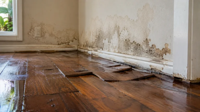 Water-damaged hardwood flooring and wall caused by an undetected plumbing leak.