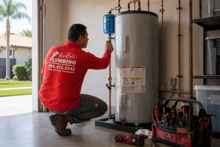 Joe Cole Plumbing technician performing routine water heater maintenance in South Florida.