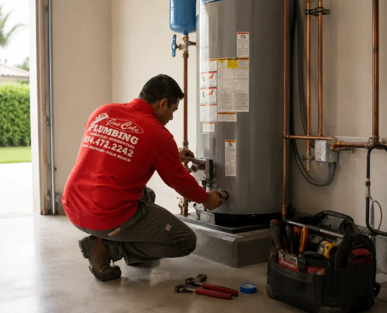 Joe Cole Plumbing technician repairing a residential water heater in South Florida.