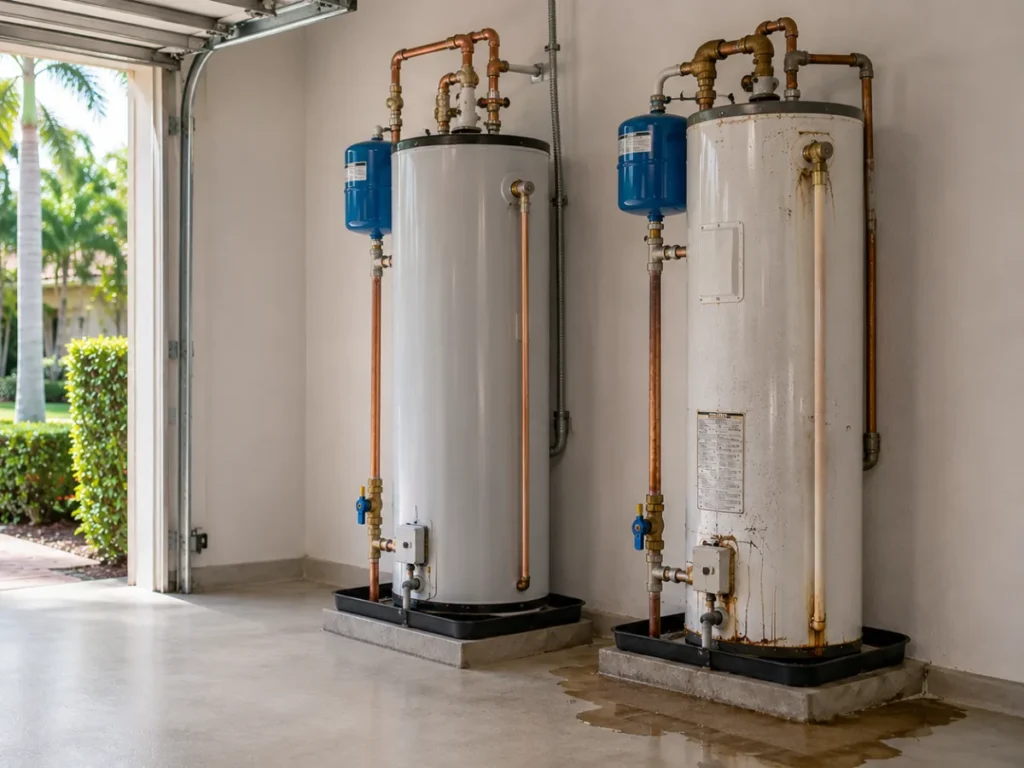 Comparison of a professionally maintained water heater and an aging water heater in a South Florida residential garage, demonstrating the benefits of timely water heater service and maintenance.