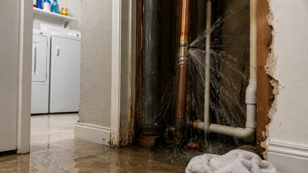 Burst pipe causing water damage inside a home requiring 24/7 emergency plumbing service in South Florida.