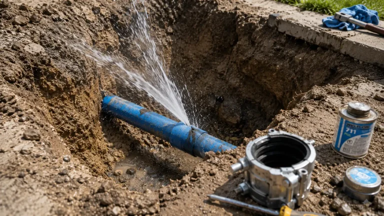 Emergency burst pipe repair service for a leaking underground residential water line in South Florida.