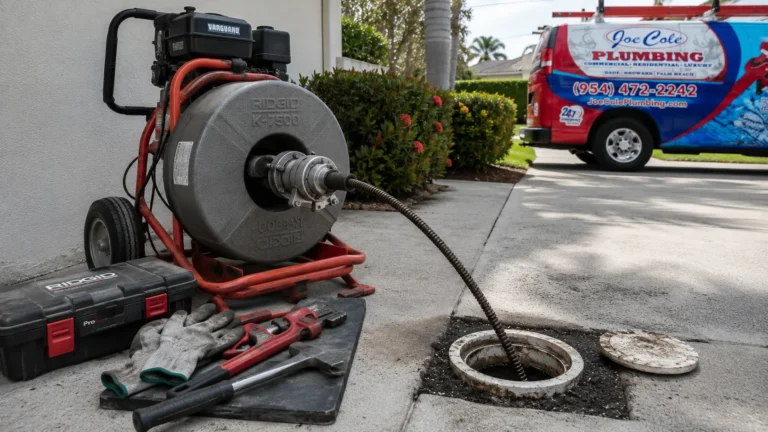 Professional emergency drain cleaning equipment clearing a clogged residential drain line.