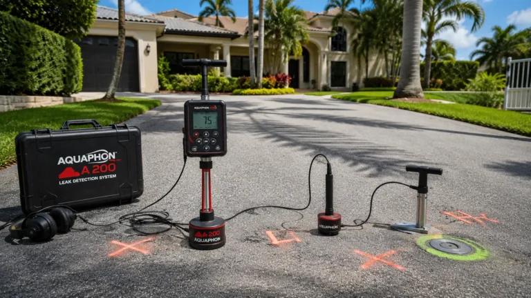 Professional emergency leak detection equipment locating a hidden underground water leak at a residential property.