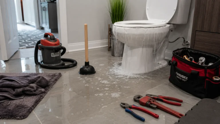 Overflowing residential toilet requiring emergency plumbing repair service.