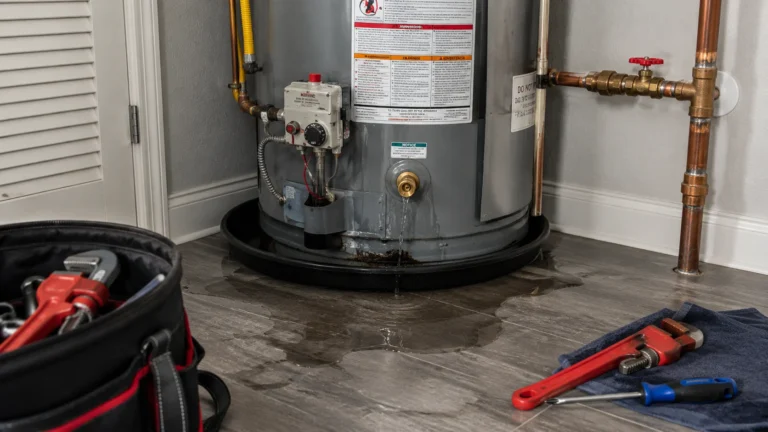 Leaking residential water heater requiring emergency plumbing repair service.