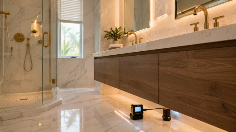 Professional leak detection equipment inside a luxury marble bathroom in South Florida.