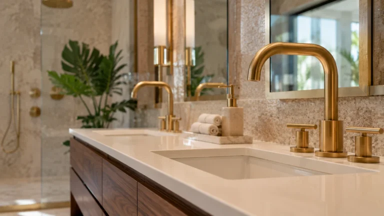 Luxury bathroom vanity with brushed gold faucets and premium plumbing fixtures.