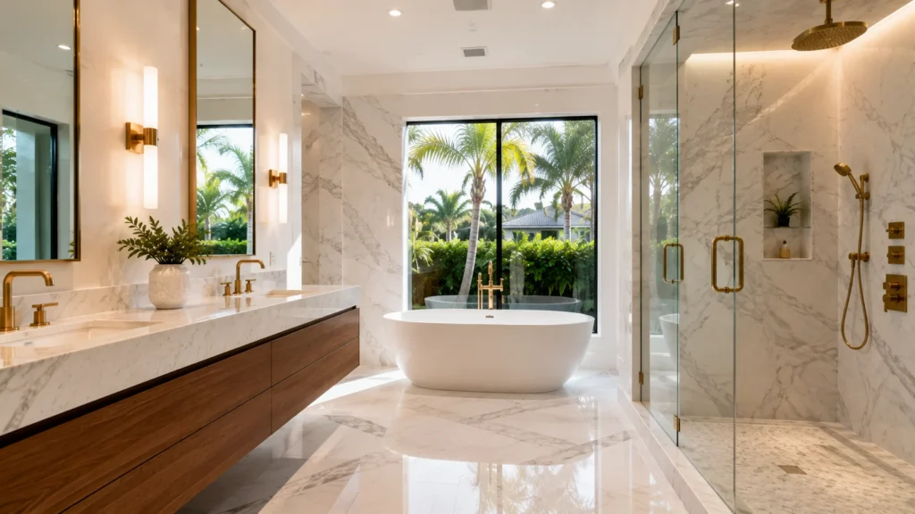 Luxury bathroom featuring a freestanding soaking tub, marble walls, glass walk-in shower, and premium brushed gold plumbing fixtures in a South Florida home.