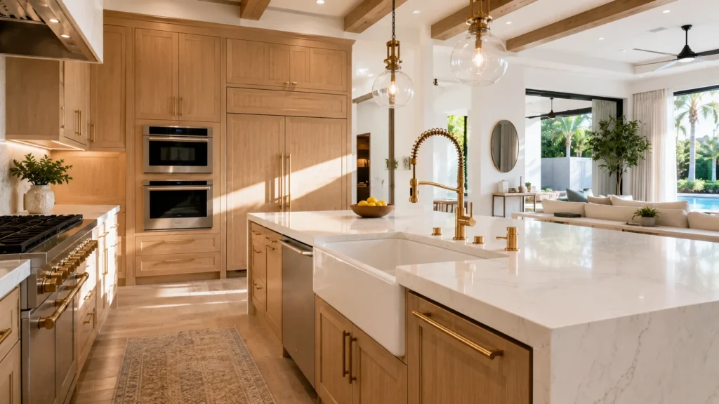 Luxury custom kitchen with a farmhouse sink, brushed gold faucet, quartz countertops, and premium plumbing fixtures installed by Joe Cole Plumbing in South Florida.